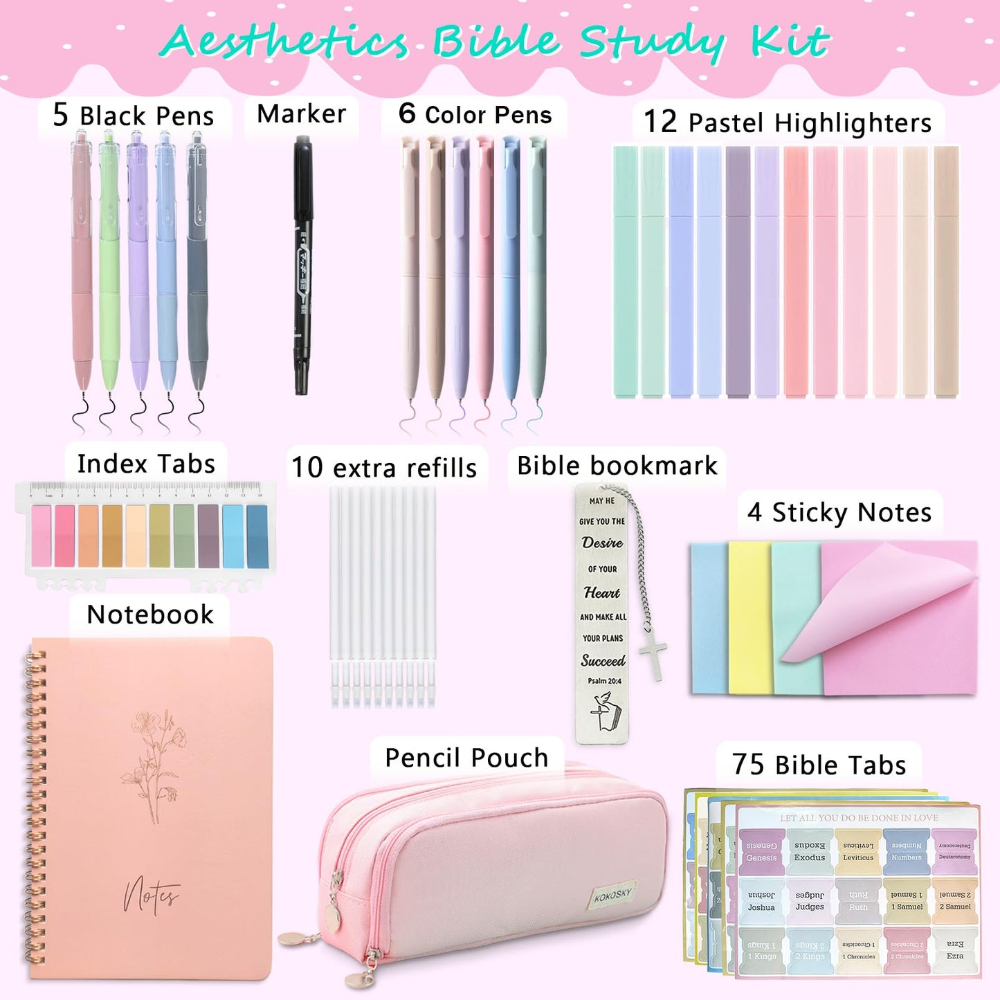 47PCs Bible Journaling Kit BIble Study Supplies for Women Girl,Bible Class Essentials with Large Pen Case,Journal Notebook,No-bleed Highlighters and Pens,Bible Tabs Bookmark,Translucent Sticky Notes