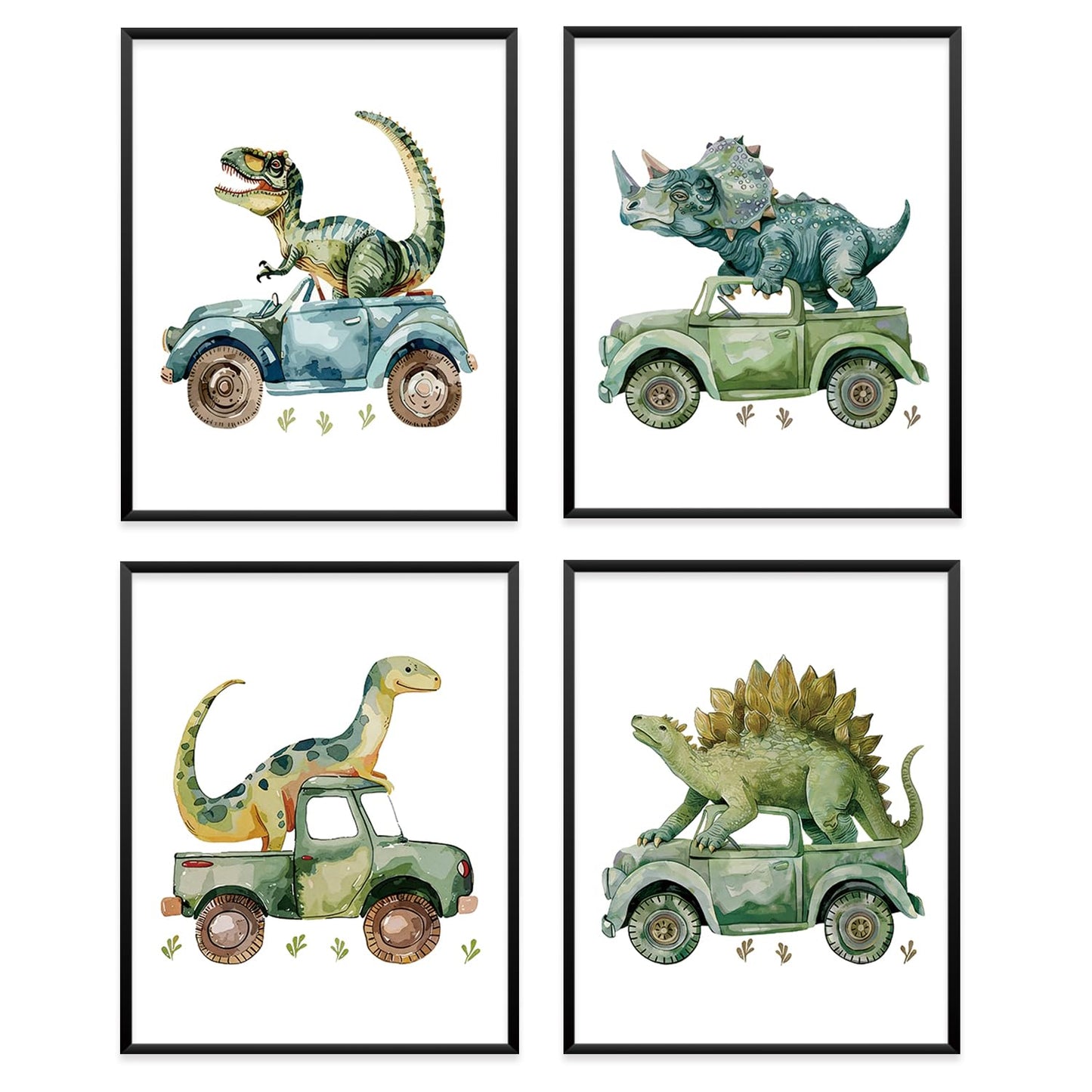 VONTP Dinosaur Nursery Wall Art Decor, Green Dino Construction Truck Boys Room Artwork for Kids Room Nursery Playroom, 8x10 Inch Set of 4 (Unframed)