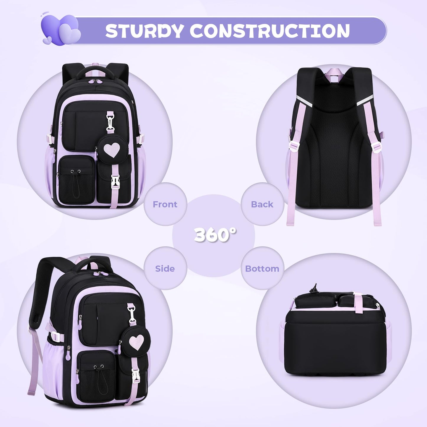 MOONBABY Girls Backpack, Kids Backpack for Girls, School Bag for Primary Elementary Teenage, Middle Students Bookbag, Kawaii School Backpacks for Girl Ages 8-12, Black and Purple