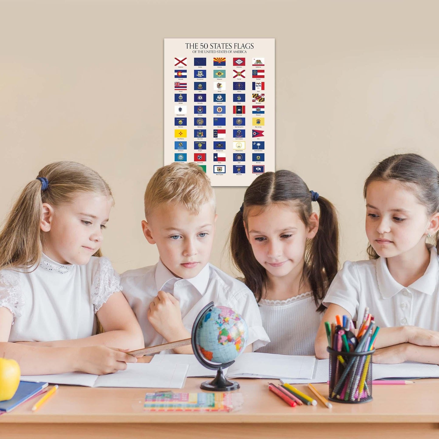 Wallbuddy 50 State Flags of the USA | US History Classroom Decorations | Modern Social Studies Educational Charts & Posters | Unframed State Posters USA Flag Wall Decor Updated Edition (12x16)