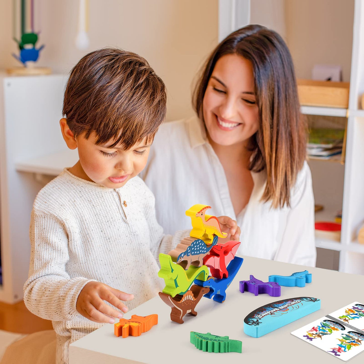 IPOURUP Dinosaur Toys for Kids 3-5: Wooden Stacking Montessori Toys for 3 4 5 6 7 8 Year Old Boys Girls Birthday Gifts for Kid Ages 4-8 Balance Competition Game for Family Stocking Stuffers