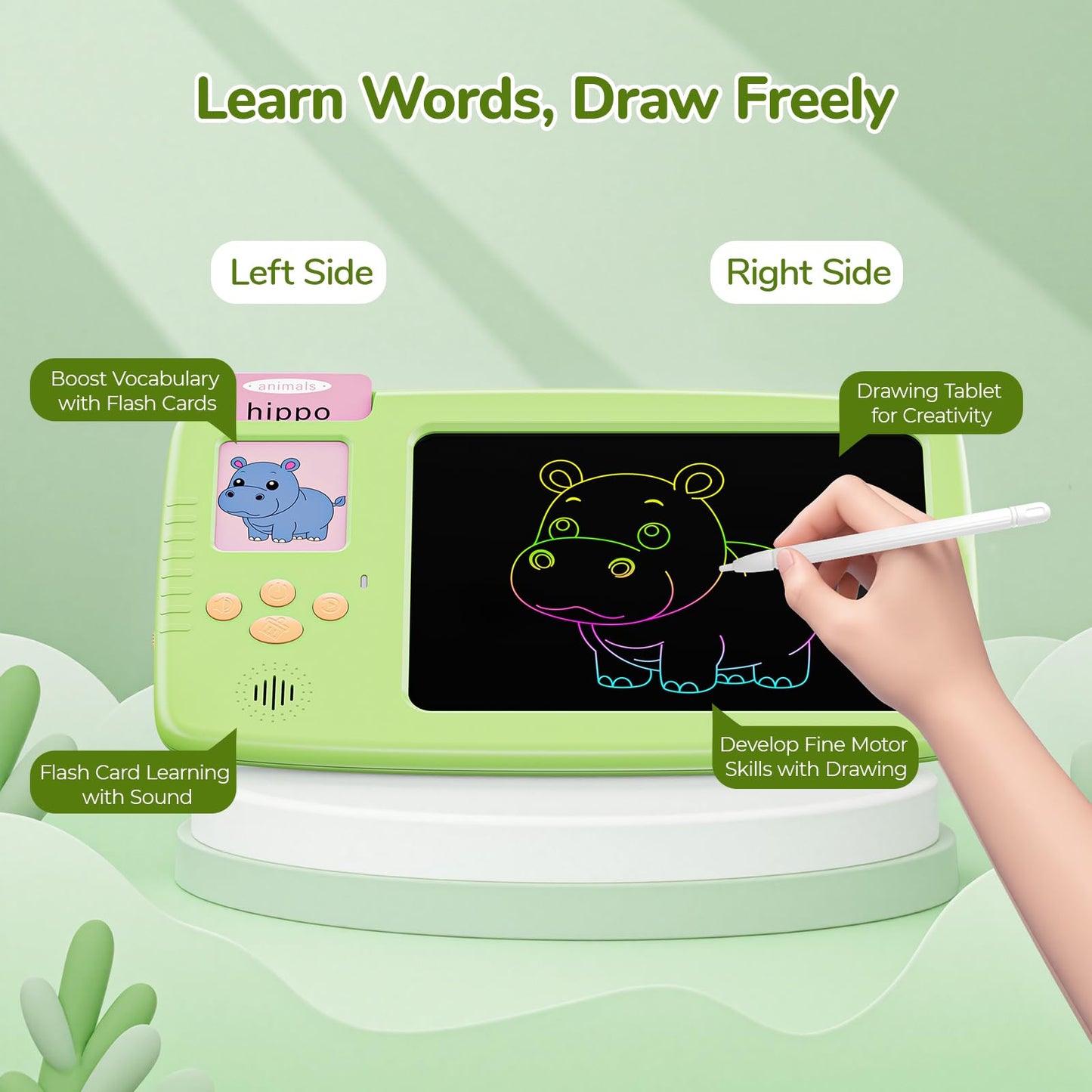 ZONSTVYS Talking Flash Cards for Toddlers: 2-in-1 LCD Writing Tablet with 510 Sight Words, Montessori Language Learning, Autism & Speech Therapy Toys for Children Ages 1-6, Green