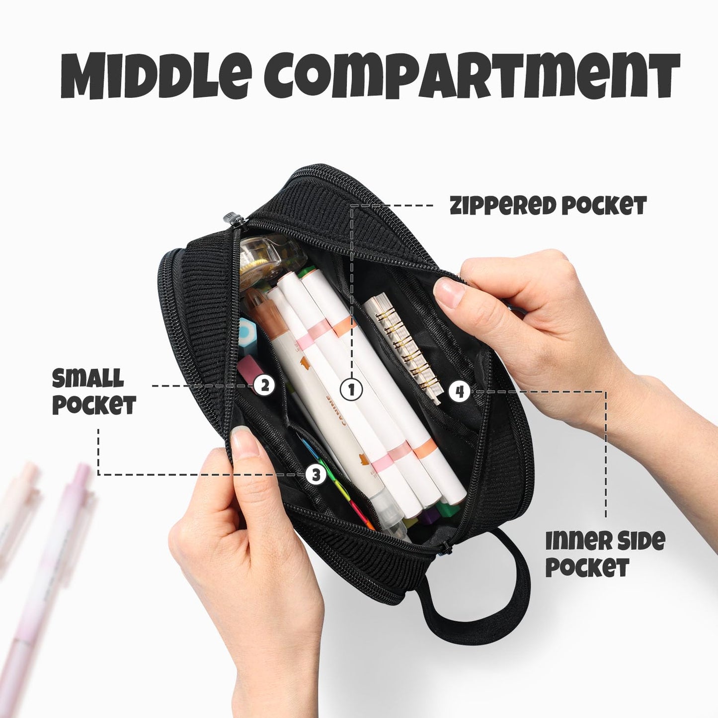 SUNEE Large Capacity Pencil Case with 3 Compartment, Extra Big Pencil Pouch, Pencil Bag with Zipper, Cute Stationery Organizer, Soft Corduroy Pen Box School Supplies for Student Girls Boys, Jet Black