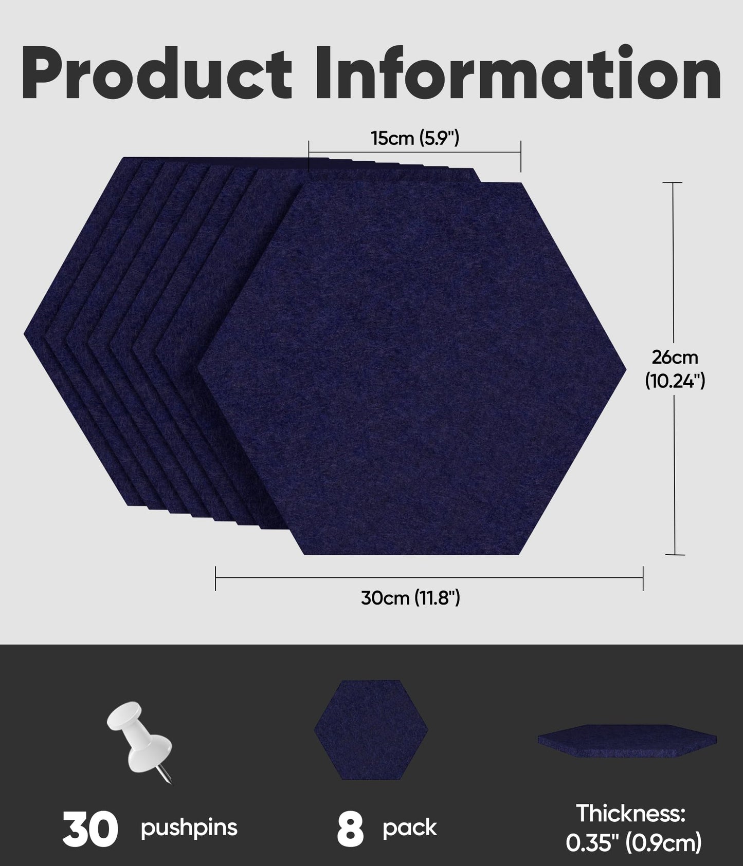Toptople 12 Inch Large Hexagon Cork Board for Walls, 8 Pack Felt Bulletin Board Tiles, Pin Board with Push Pins for Office Photo and Note, Navy Blue