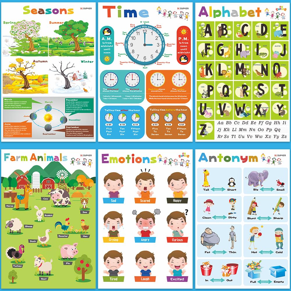 SK SUPKER 18 Toddlers Educational Learning Posters Classroom Wall Decorations Preschool Teaching for Baby Kids Teaching Numbers, ABC Alphabet Chart, Shapes, Days of The Week