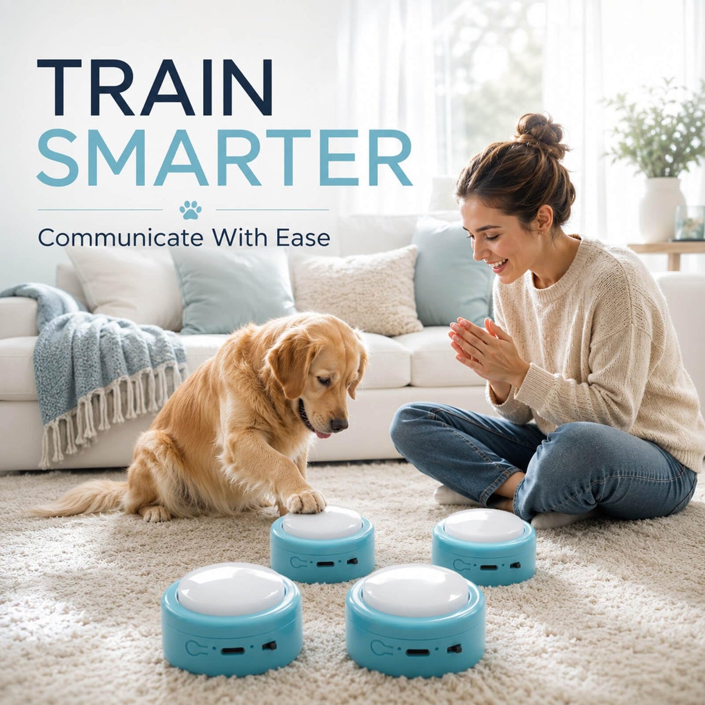 Set of 4 Small Voice Recording Buttons, Loud Clear Dog Cat Recorder for Animal Communication, Blue Pet Training Talking Buzzer, Rechargeable 30s Record & Playback Starter Set for Home Office
