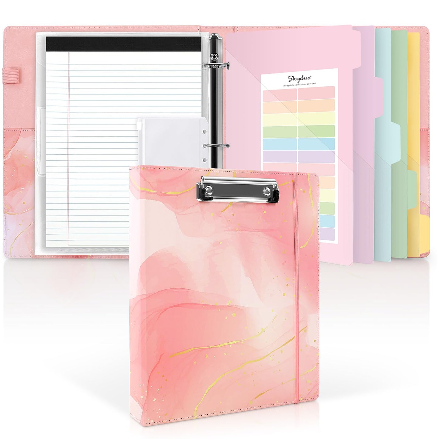 SKYDUE 1 Inch 3-Ring Binder with Clipboard, PU Binder with 5 Dividers, Notepad, Stickers & Pockets for Work and School - Aesthetic Binder (Letter Size)