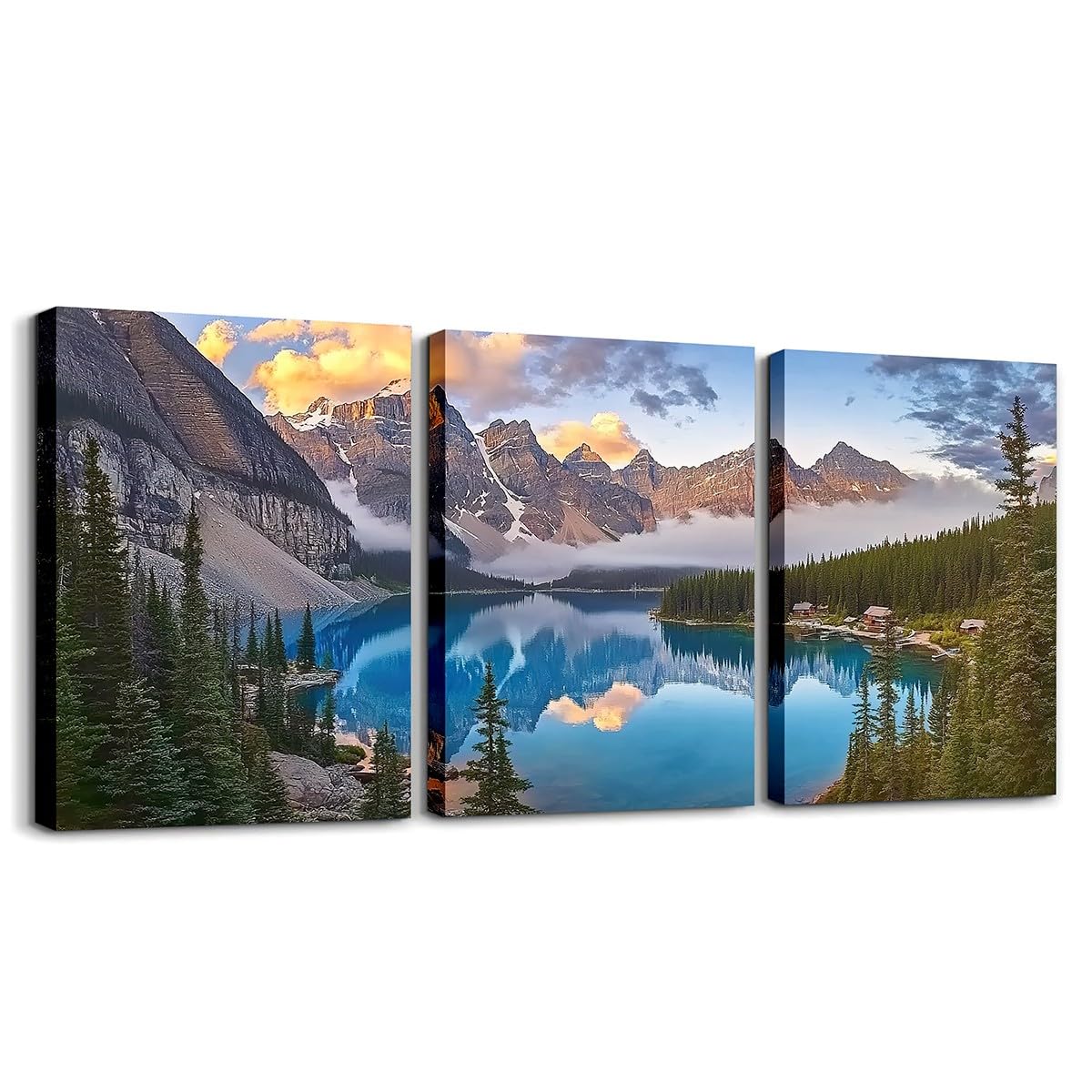 jejeloiu Lake Mountain Canvas Wall Art for Living Room Bedroom 12"x16"x3pcs Tree Sunrise Picture Wall Decor for Bathroom Nature Landscape Office Decorations Artwork Posters Foggy Scenic Painting