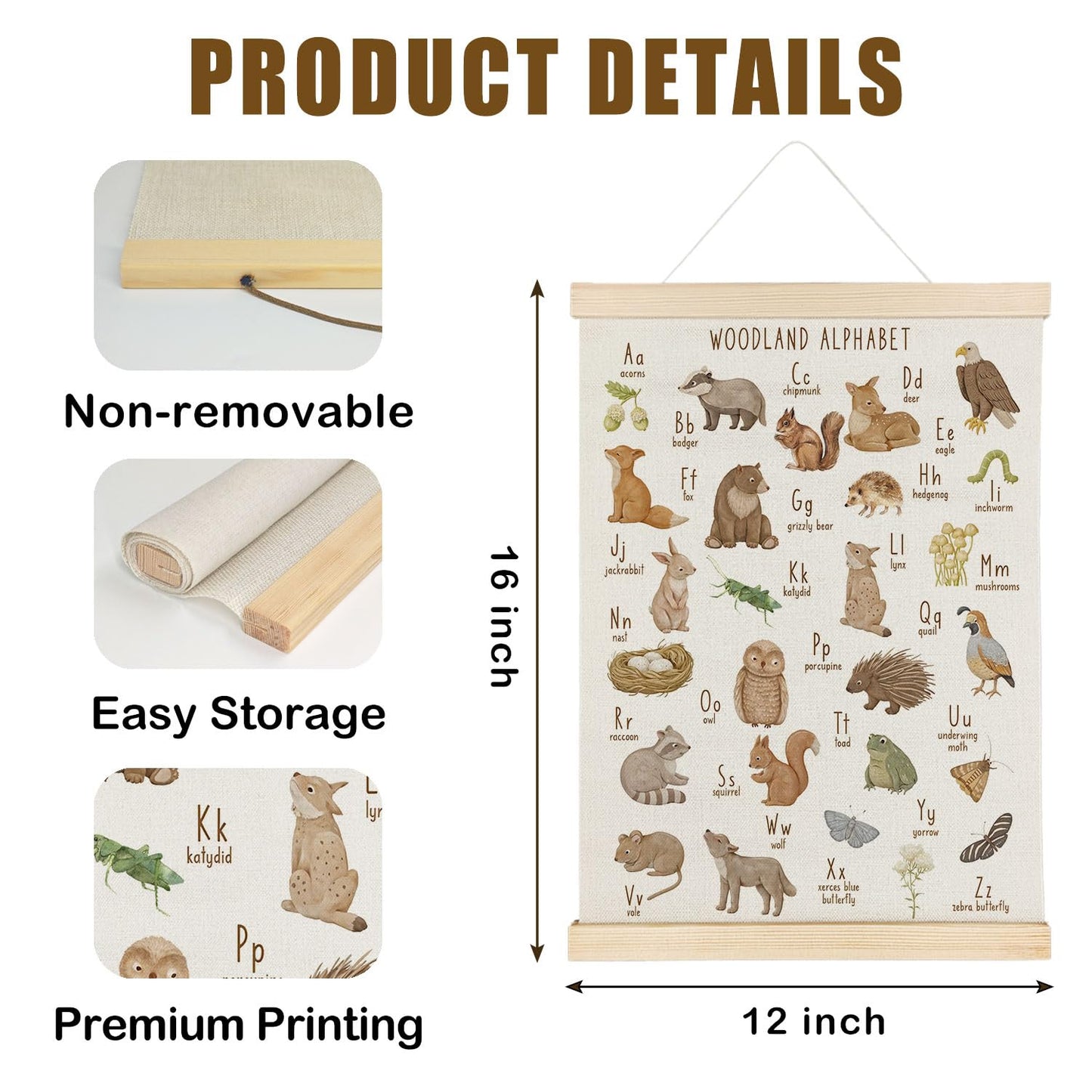 Nrleey Animal Alphabet Poster - Alphabet Wild Animal Nursery Decor, Nursery Wall Decor, 12x16 Wall Art Classroom Posters with Hanger