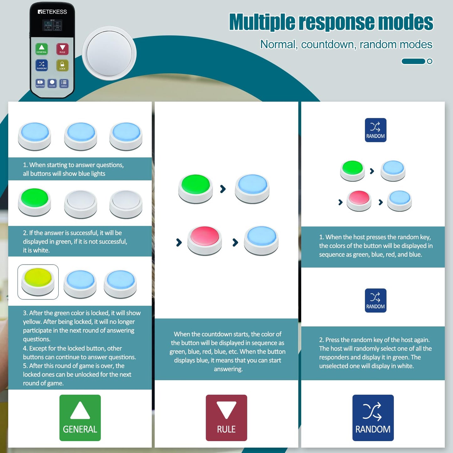 Retekess TM102 Jeopardy Buzzers, Buzzers that Show Who Buzzed First, 3 Response Modes, Buzzers for Trivia Games,Classroom Quiz,Family Feud Night and Back to School