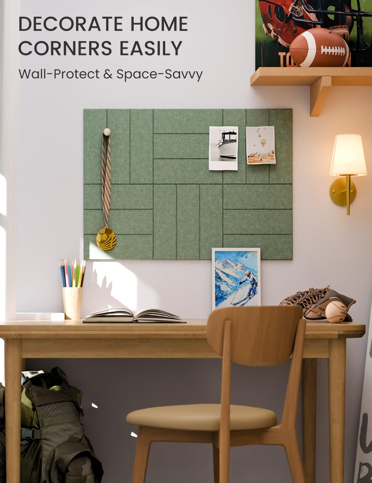 Felt Bulletin Board Tiles -28"x18" with 40 Adhesive Tabs, Cork Board Alternative for Office Decor, Push Pin Board Wall Organizer 6-Pack (Moss Green)