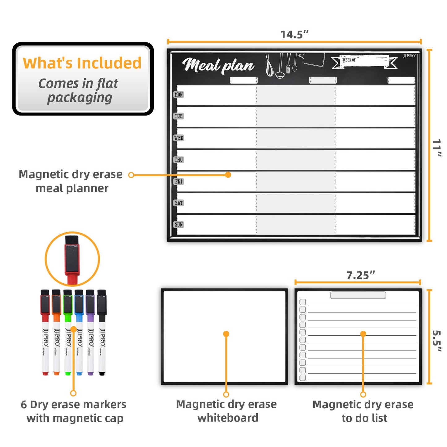 JJPRO Magnetic Dry Erase Meal Planning Whiteboard for Refrigerator-One 14.5x11 Weekly Menu Board and Two Notes Whiteboard for Kitchen Fridge-Refrigerator Organizer with Meal Planner Boards