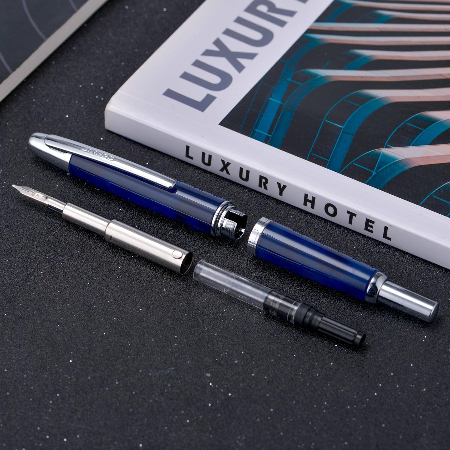 Jinhao 10 Press Fountain Pen with Box, Glacier Blue Retractable Extra Fine Nib with Ink Converter Set (Silver Clip)