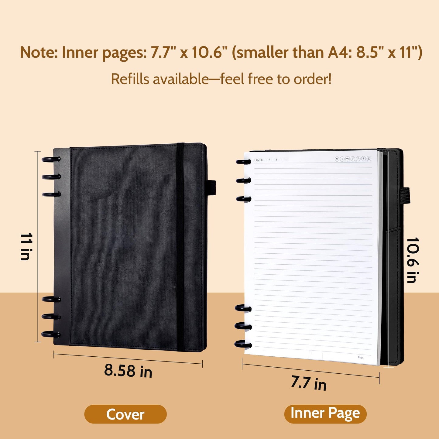 Yoment Refillable Notebooks for Work 5 Subject with Removable Dividers Tabs 240 Pages Hardcover Leather Journals for Writing Large Discbound Planner Colleged Ruled Paper for Men 8.58 x 11,Black