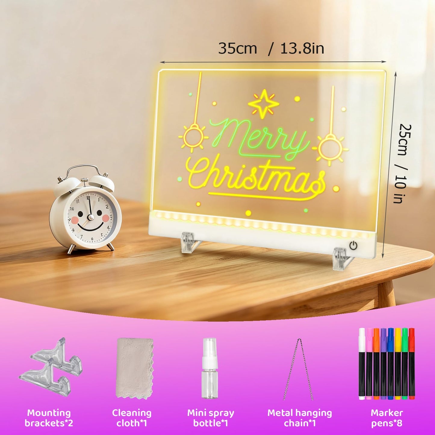 Rechargeable LED Drawing Board for Kids, 13.8 x 10 Dry Erase Board, 4 Modes &7 Colors Glowing Doodle Note Board, Include Hanging Chain, 2 Stands, 8 Markers, Spray Bottle, Cleaning Cloth, Girls Gifts