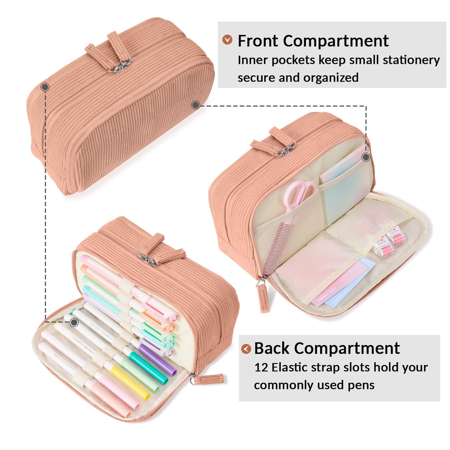 Sooez Big Capacity Pencil Case Pen Pouch, Soft Corduroy Pencil Bag with 3 Compartment, Multiple Pockets, Sturdy Zipper, Cute School Supplies Pen Bag Organizer For Teen Girls College-Orange