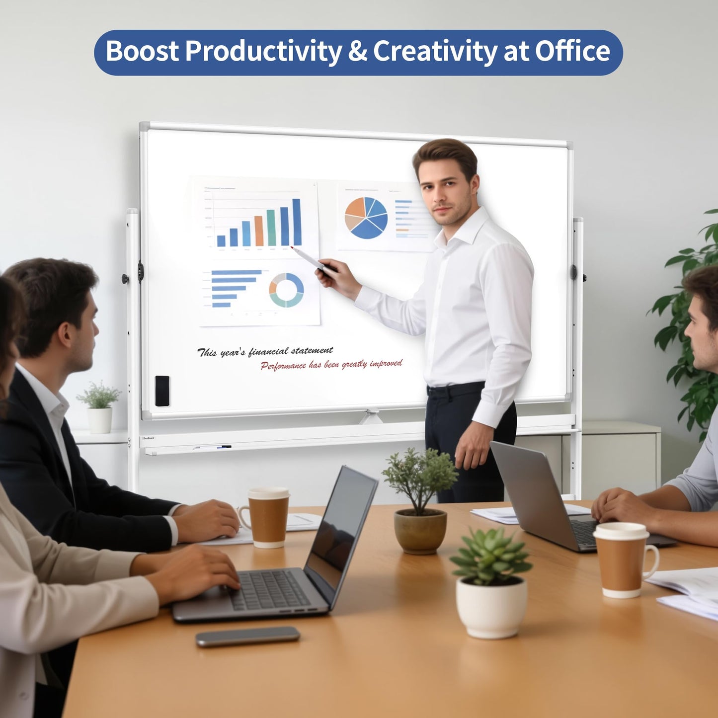 DexBoard Large Double Sided Whiteboard 72x40 inches on Wheels, Height Adjustable Mobile Magnetic Dry Erase Board with Rolling Stand for Office Meetings, Classroom Teaching, Home, Silver Frame