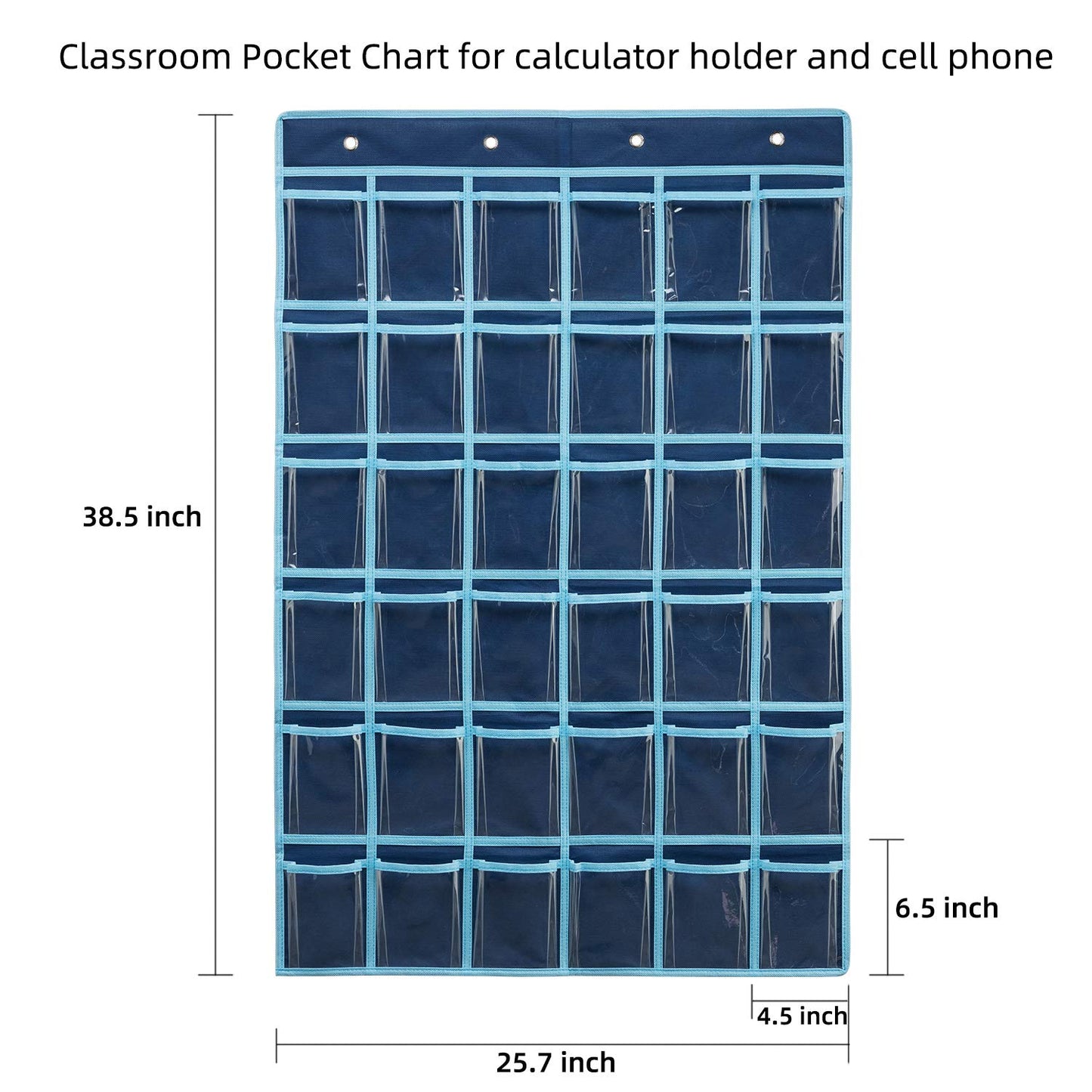 SAVERHO 36 Clear Pockets Classroom Pocket Chart for Cell Phone and Calculator Holder, Door Hanging Pocket Chart for Classroom Phone Holder with Number Sticker and Hooks (Blue)