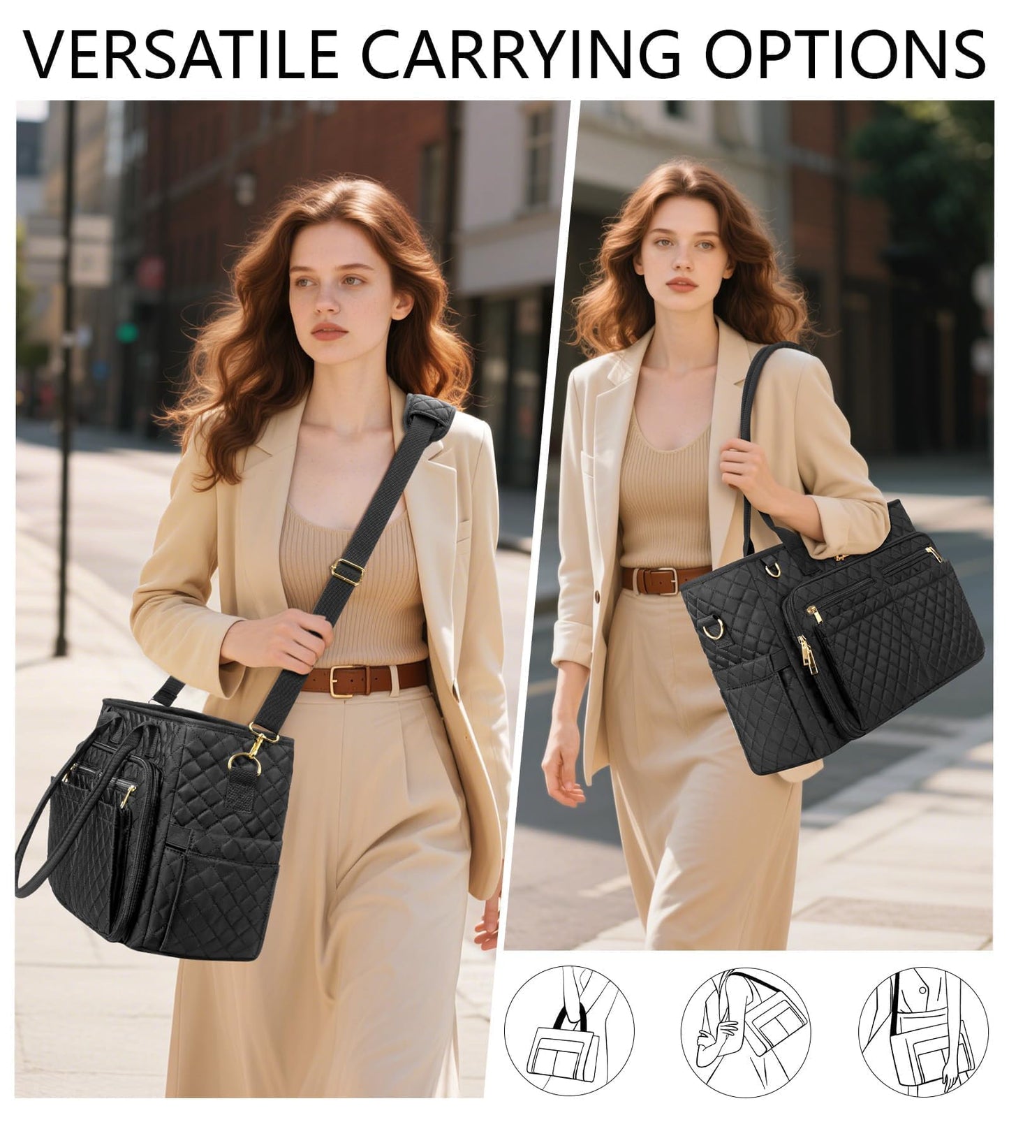Teacher Tote Bags for Women, 15.6 inch Laptop Work Tote Nurse Bible Bag With Large Cup Holder & Insulated Pocket Quilted Shoulder Handbag Laptop Briefcase for Work, Daily, School, Travel, Gifts
