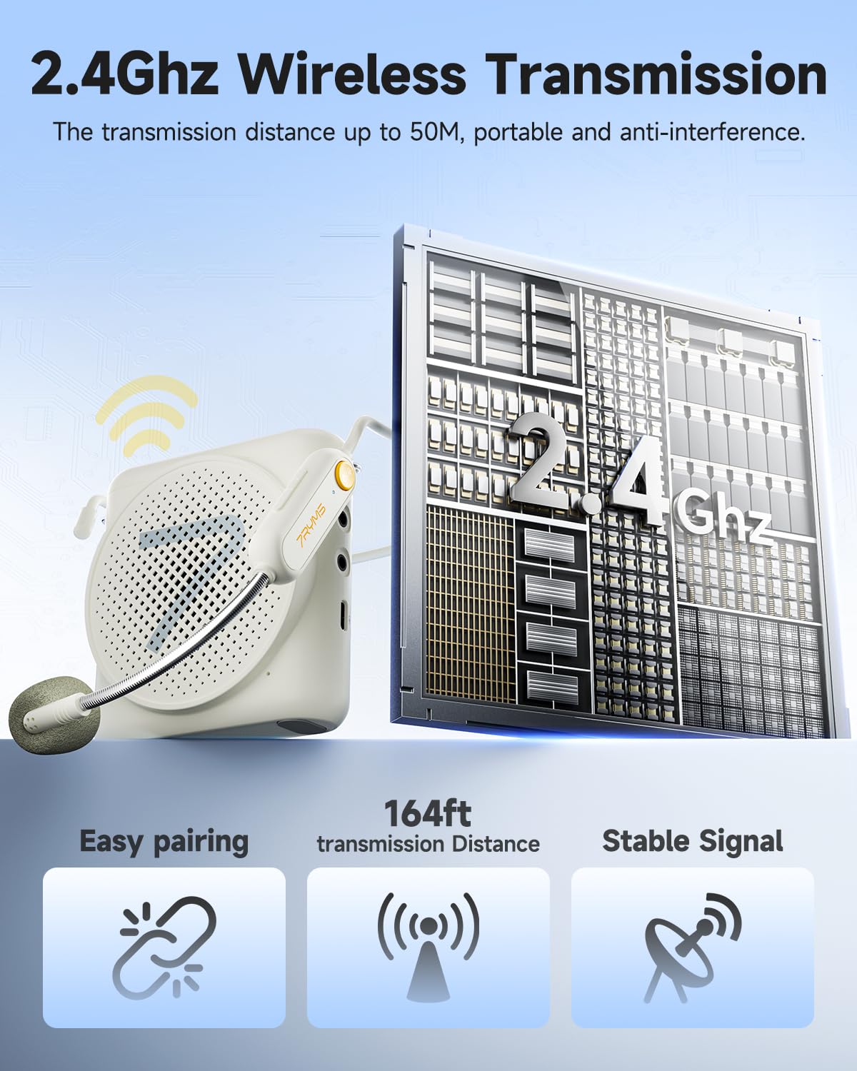 7RYMS WA1 Wireless Voice Amplifier with Headset Microphone for Teachers, Personal Power Amplifier with Noise Canceling, 164ft Range, 23H Working, Microphone Speaker for Teaching, Speech, Yoga(White)