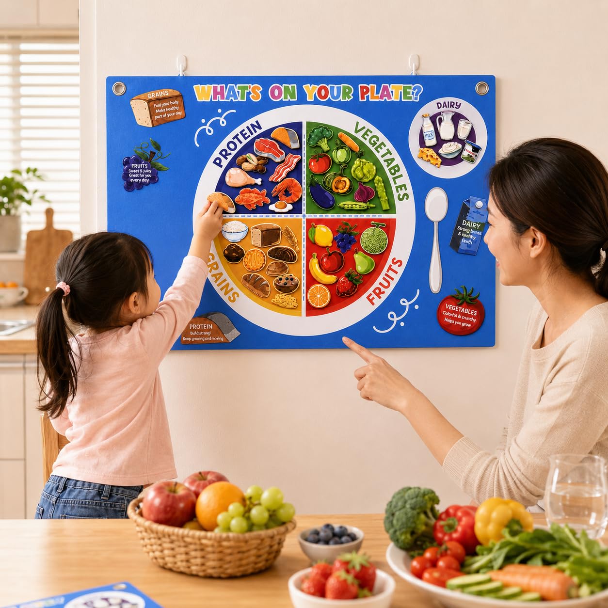Cinrobiye My Plate Felt Kit DIY Food Diary Early Learning Stories Set Vegetable Fruits Protein Grain Felt Scene Craft Nutrition Bulletin Board for Home Preschool School Games Wall Doors Decor Supplies