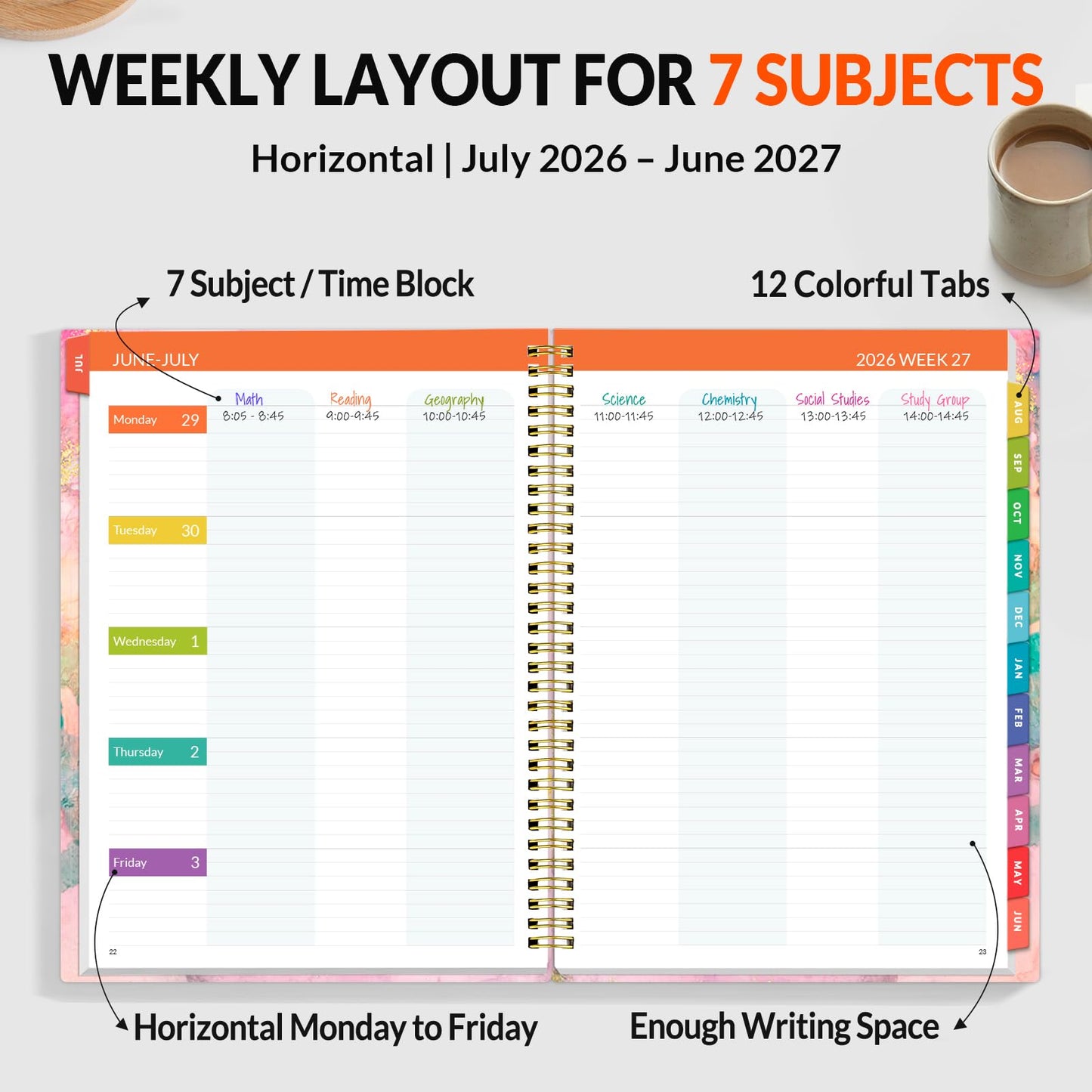 SUNEE Teacher Planner 2026-2027 Academic Year, Lite Lesson Planner Book with 7 Periods Jul 2026 - Jun 2027, 8.5"x11" Daily Weekly and Monthly Organizers, Plan Book with Pocket, Color Tabs, Pink Marble