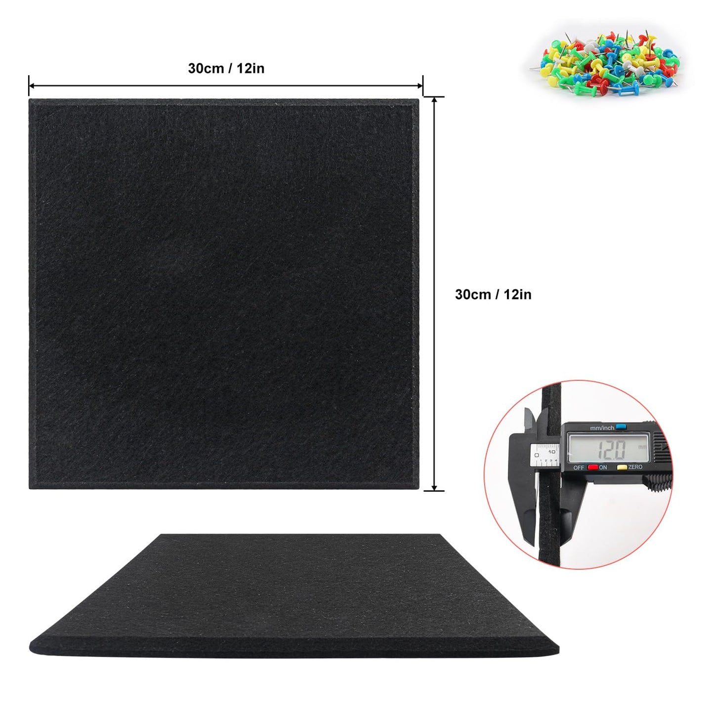 Geytetqi 12 Pack 12" x 12" Felt Boards, Black Square Felt Wall Tiles, Self-Adhesive Cork Bulletin Board for Home, Office, and Kitchen Decor(1/2 Inch Thickness)