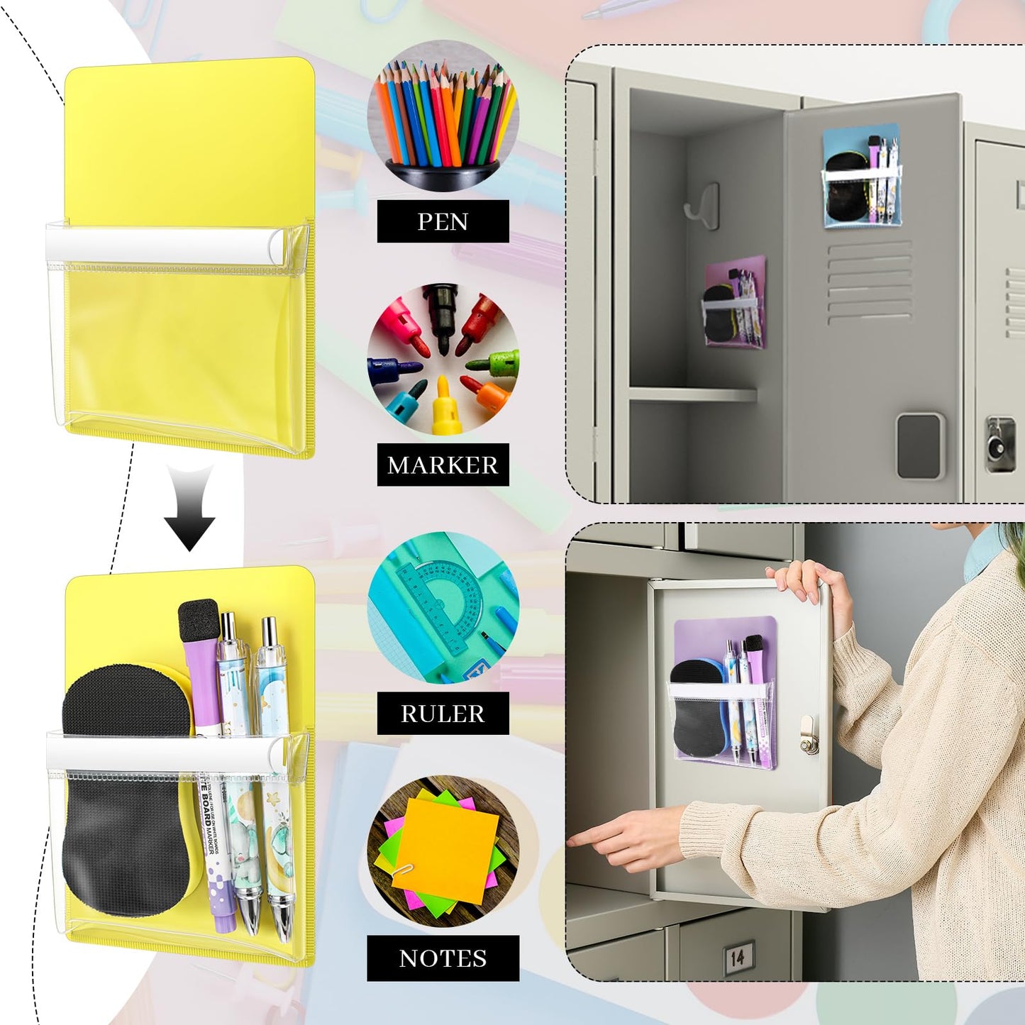 Sherr 6 Pcs 6 Pcs Magnetic Pockets Pen Marker Holders for Classroom Whiteboard 4.7 x 6.5 Magnetic Clear File for Fridge Locker Dry Erase Marker Storage Teacher Supplies (4.7 x 6.5 in,Macaron)