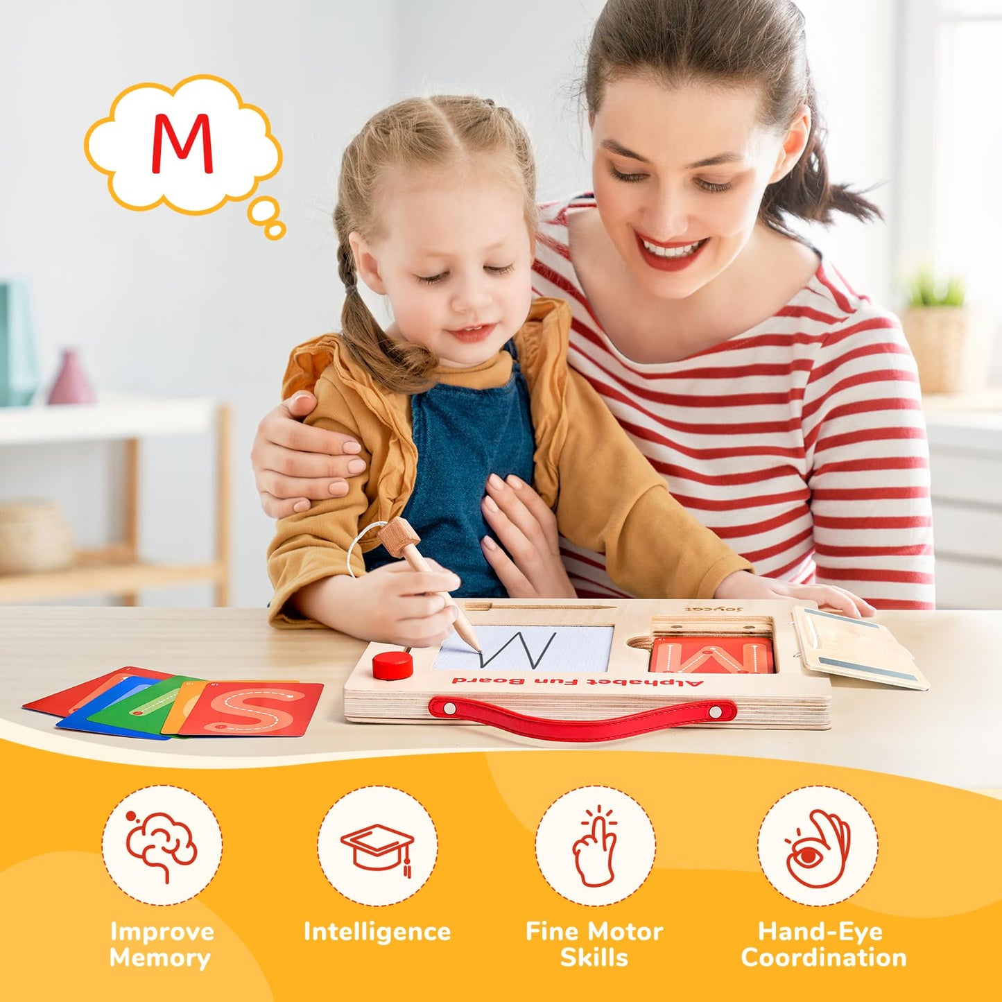JoyCat Wooden Letter Tracing Board for Toddlers 3-5, Magnetic Alphabet & Number Writing Practice Board with 36 Double-Sided Cards, Reusable Preschool Handwriting Toy, Travel Learning Activity