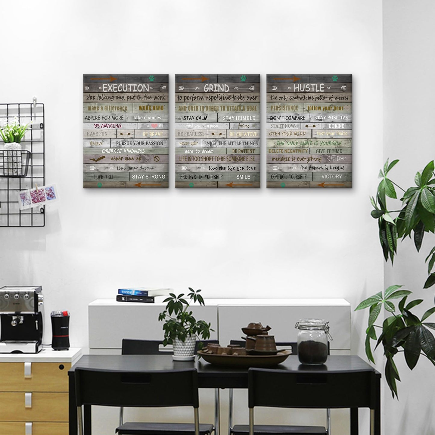 PSYYSP 3 Piece Canvas Wall Art Grind Execution Hustle Posters, Rustic Motivational Triptych Wall Decor for Office, Bedroom, Dorm, Business Workspace, Framed Canvas 36x16inch