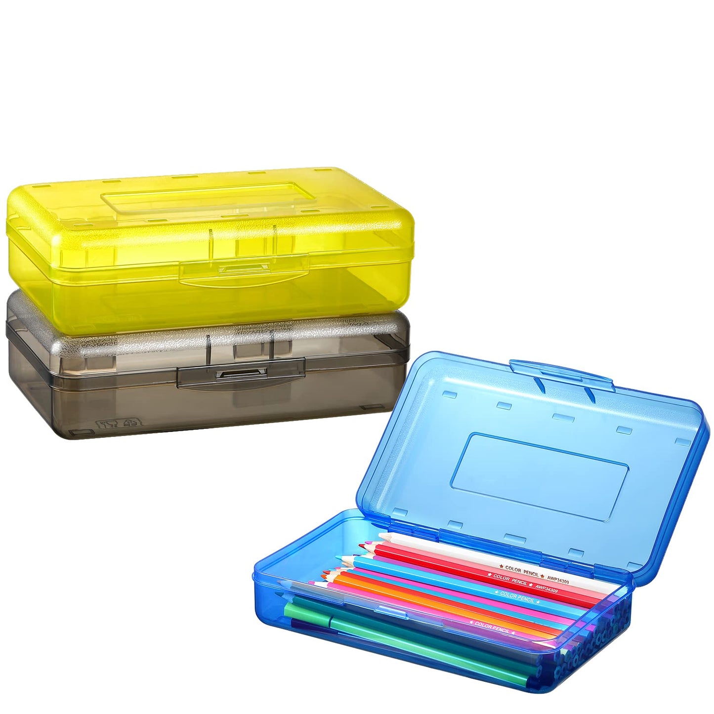 Sooez 3 Pack Pencil Case, Large Hard Pencil Box Bulk, Clear Crayon Box Marker Pen Organizer, Plastic Storage Container with Snap Lid, Stackable Art Craft Organizer Back to School Supplies