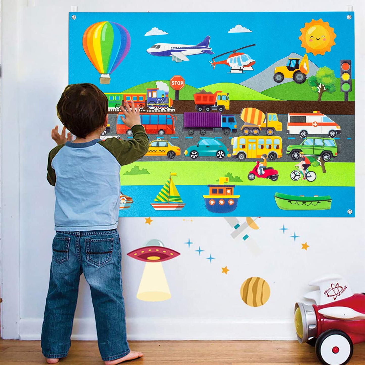 WATINC Transportation Felt Board Story Set - 35Pcs 3.5Ft Preschool Flannel Cars Trucks Plane Boat, Interactive Learning Toy for Toddlers Classroom Homeschool