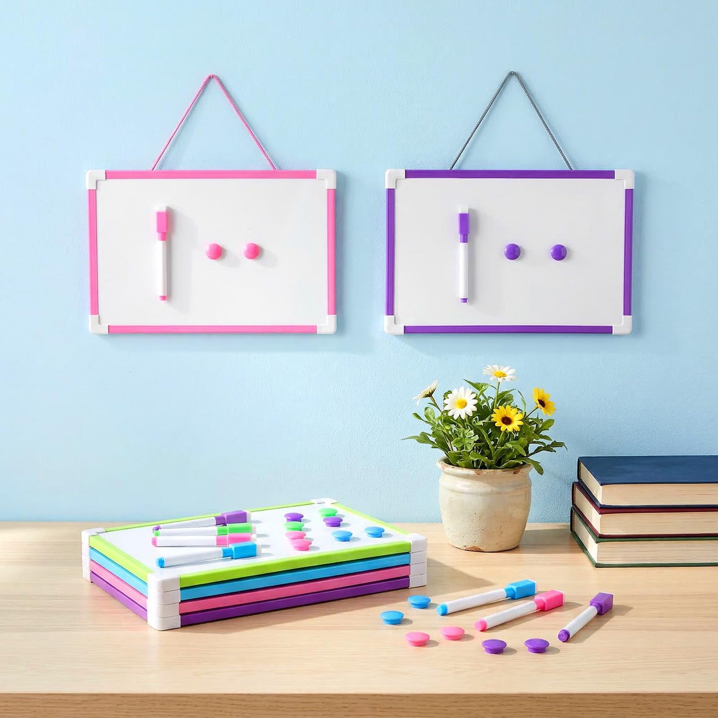 12 Set Hanging Magnetic Dry Erase Board, 11.8" x 7.68" Small Double-Sided Whiteboard Kit for Kids & Classroom, Includes Markers & Magnets (Pink, Blue, Green, Purple)