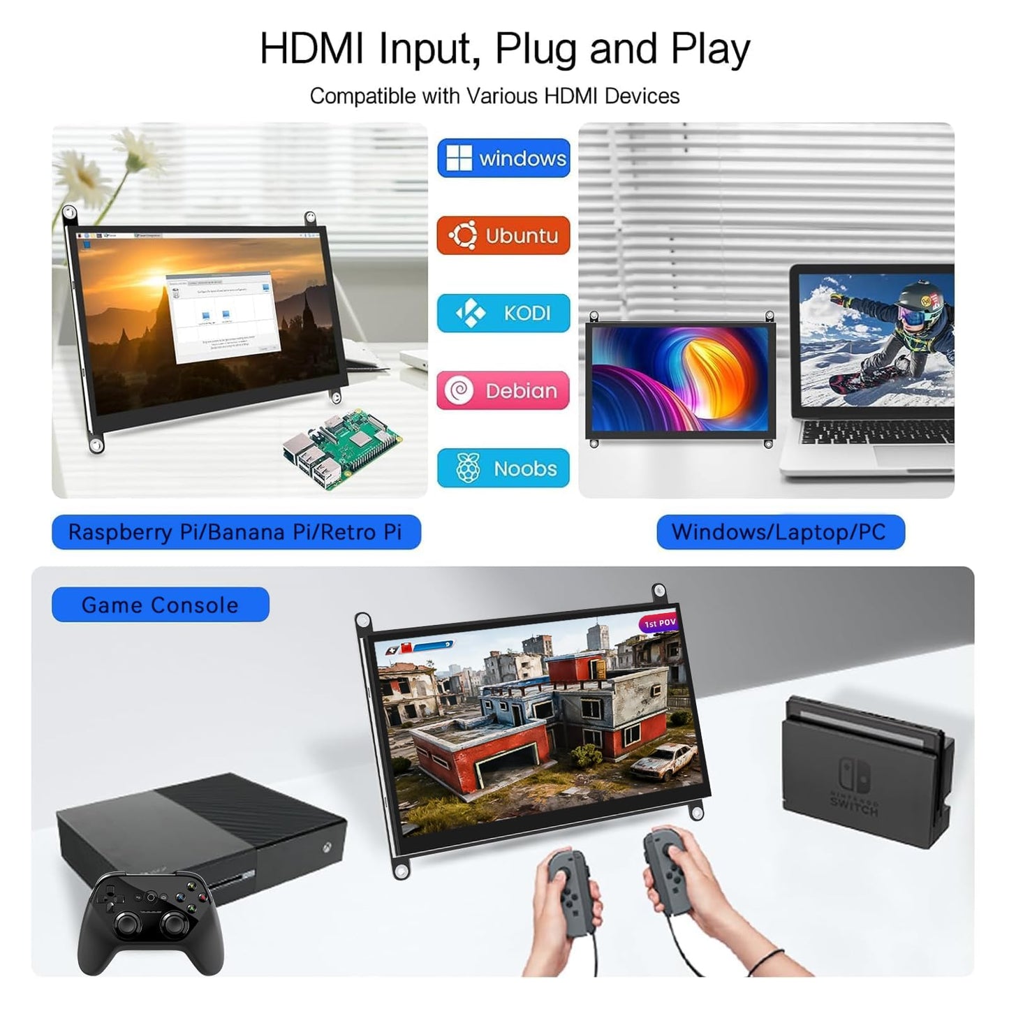 HAMTYSAN 7 Inch Raspberry Pi Screen Touchscreen Monitor 1024x600 Small HDMI Monitor w/Dual Speakers IPS Screen Display for Raspberry Pi 4/3/2 Win 11/10/8/7 Jetson Nano, Free Driver