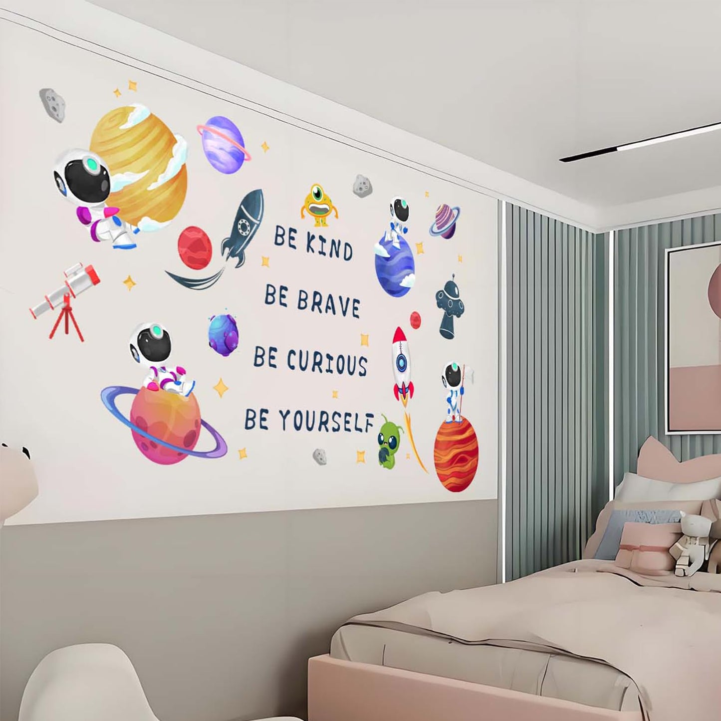 Amimagen Outer Space Astronaut Wall Stickers - Be Kind Be Brave Inspirational Quotes Planets Rocket Boys Wall Decals - Baby Nursery Kids Room Daycare Wall Decor