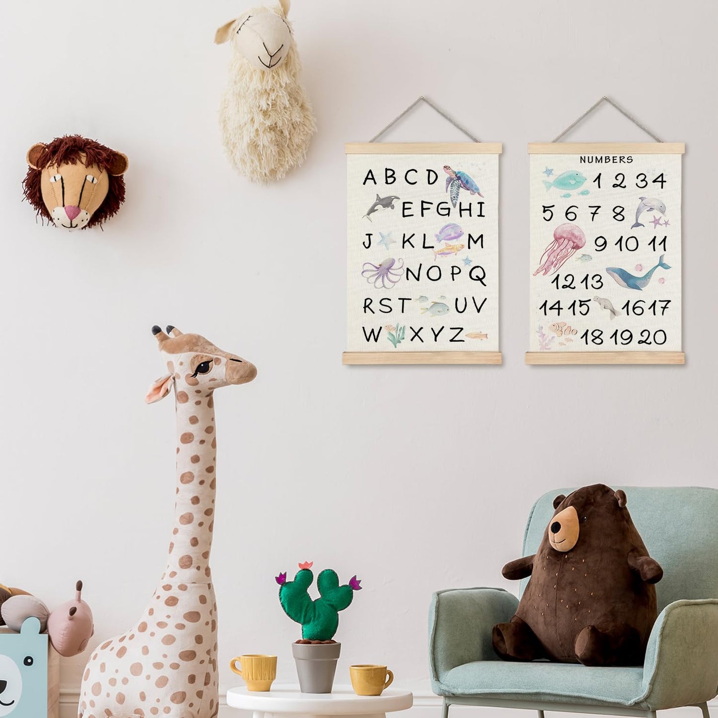Supwhd Ocean Nursery Decor, Alphabet Numbers Ocean Animals Poster Hanger Frame, Sea Animals ABC 123 Educational Wall Decor for Nursery Kids Room Playroom Classroom Homeschool, 12x16 Set of 2