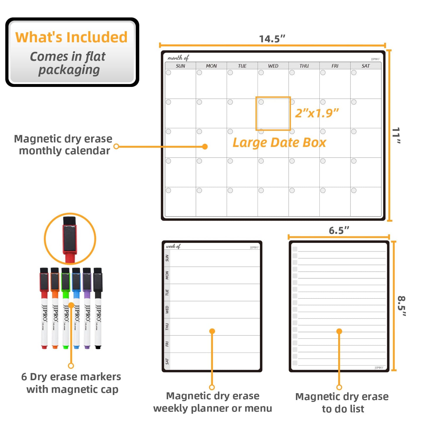 JJPRO Magnetic Monthly Calendar Whiteboard Set for Fridge-Monthly Planning Board and Two Bonus Dry Erase Grocery Board&Weekly Menu Board-Meal Planner Whiteboard/to-Do List-6 Markers
