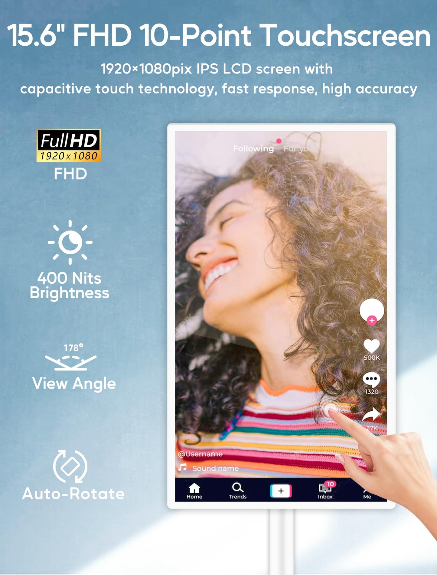 15.6" Digital Signage with 10000mAh Battery, Capacitive Touchscreen Advertising Display, Adjustable Stand, Android 13 Commercial LCD Monitor with Auto Play, Wireless Screen Mirroring, 2+32GB, White