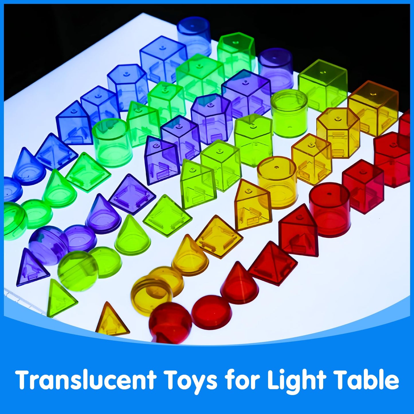Odoorgames 60 Pieces 3D Shapes for Teaching - Geometric Solids for Kids, Light Table Manipulatives, Translucent Toys