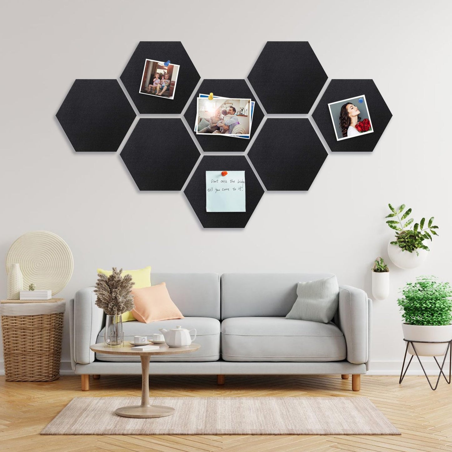 8 Packs Hexagon Felt Pin Board, 12" Bulletin Board with 30 Push Pins, Felt Board for Home Kitchen Office Decor, Self-Adhesive Corkboard Tiles for Walls School Message Photos Memos-Black