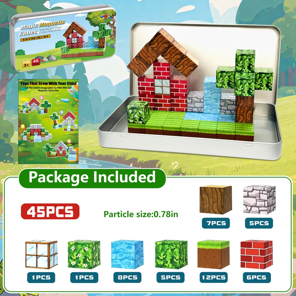 uMadeUs Magnetic Blocks Building Set - Puzzle Cubes as STEM Toys for Kids - Toddlers Sensory Construction Tiles - Ages 3+ Creative Educational Games for Boys and Girls - Adventure Forest 100pc Block