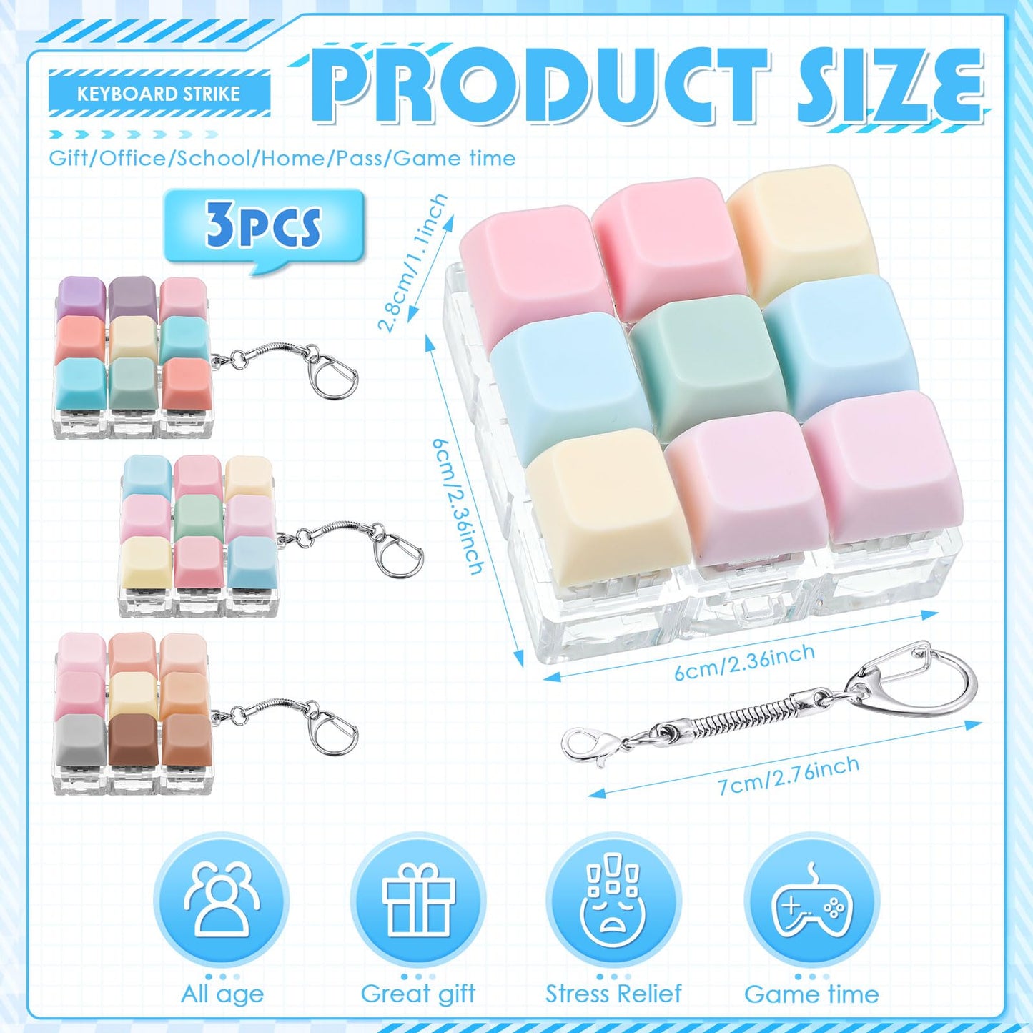 Halloscume 3 Pcs Keyboard Adult Fidget Clicker 9-in-1keyboard Fidget Keychain Cube Mechanical Key Button Clicker Stress Relief Gift for Office Home to Pass The Time (Pastel Colors)