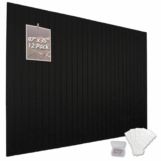 TENACR Cork Board Alternative-Felt Slat Wall Paneling,Office Bulletin Board for Decoration, Suitable for Displaying Photos and Documents, with Removable Adhesive Labels,12-Pack (Black)