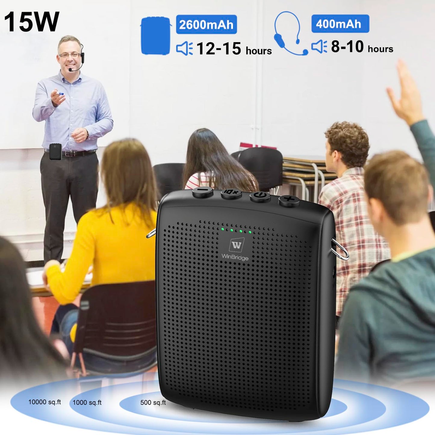 WinBridge Voice Amplifier with Bluetooth, Portable Speaker and Microphone Set, Wireless Mic Headset Speaker for Teachers, Tour Guide, Public Speaking, Fitness Instructors, Features Mute, 15W WB002