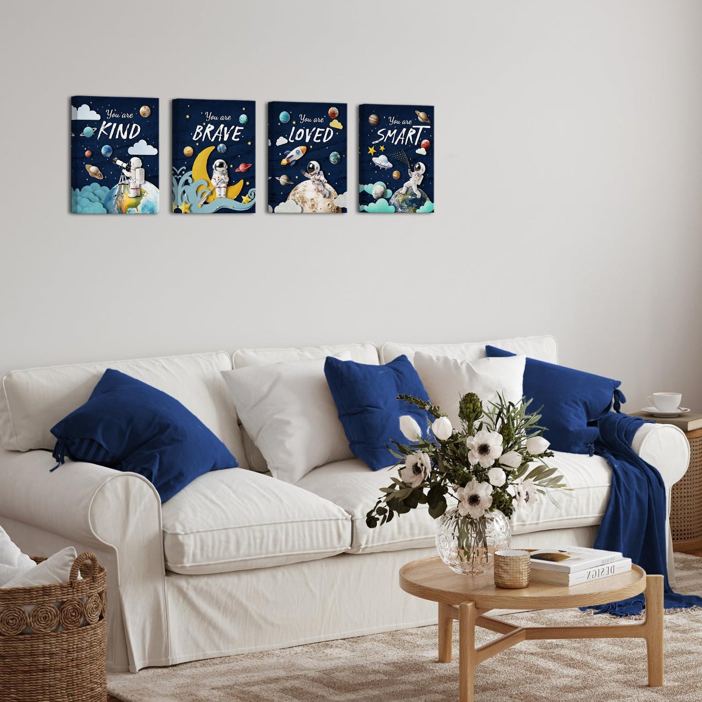 LoveHouse Space Wall Art Astronaut Kids Room Wall Decor Inspirational Quotes Canvas Prints Cosmic Painting for Nursery Classroom (Deep Blue)