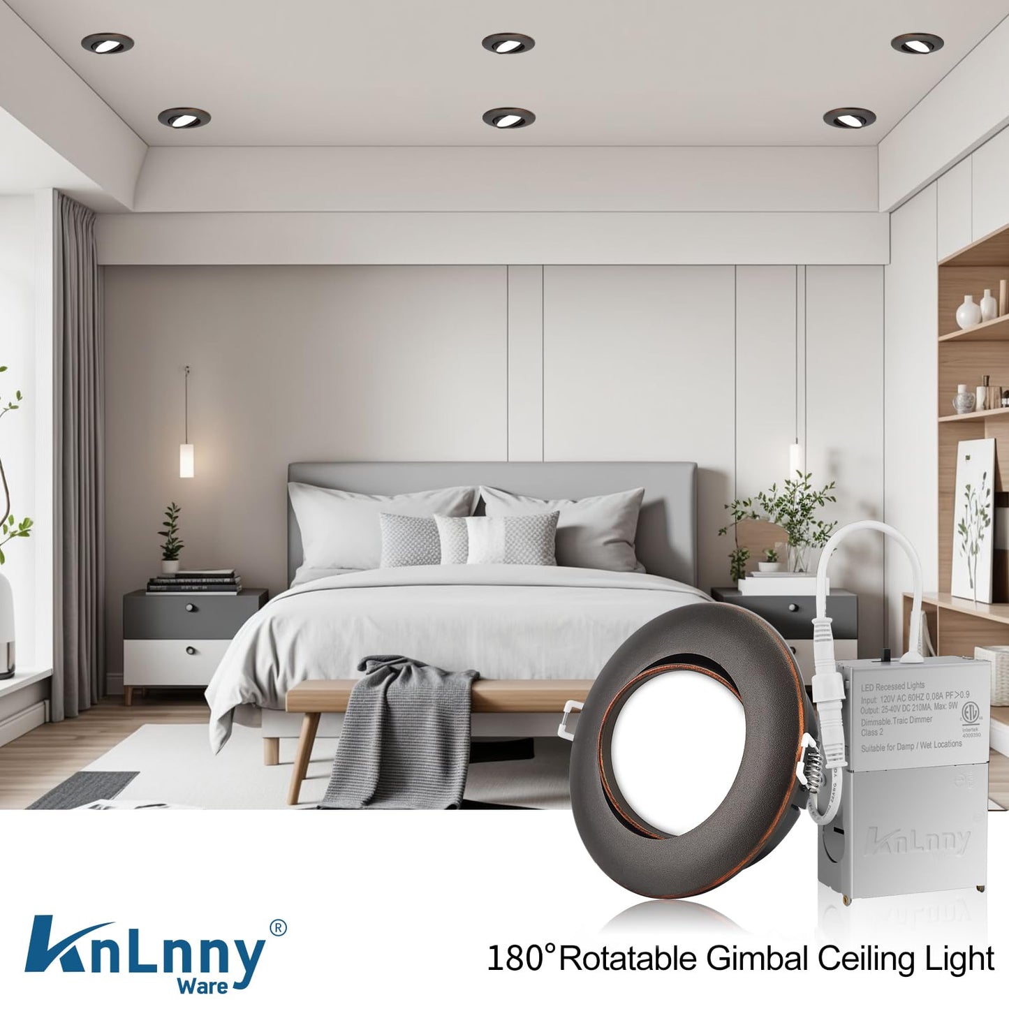 KnLnny Ware 4 Inch LED Recessed Lights 6 Pack, Adjustable Gimbal, 9W 750LM, Dimmable, Oil Rubbed Bronze, Model KL-Light2025