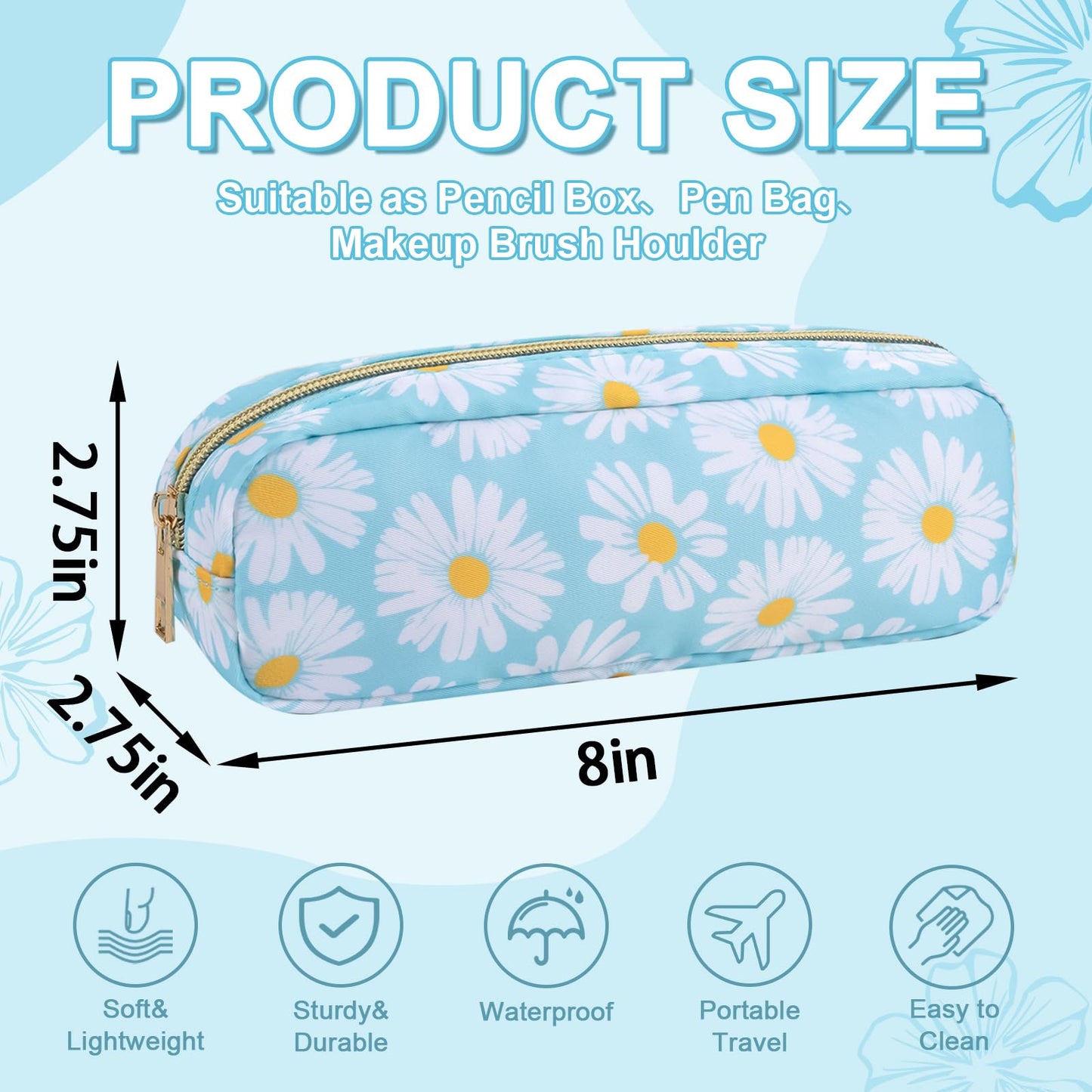 Waterproof Small Floral Pencil Case Makeup Bag for Purse,Cute Flower Pencil Pouch Preppy Nylon Makeup Brush Holder with Zipper,Girls Portable Storage Case Small Pen Bag for Work(Slim Blue-Daisy)