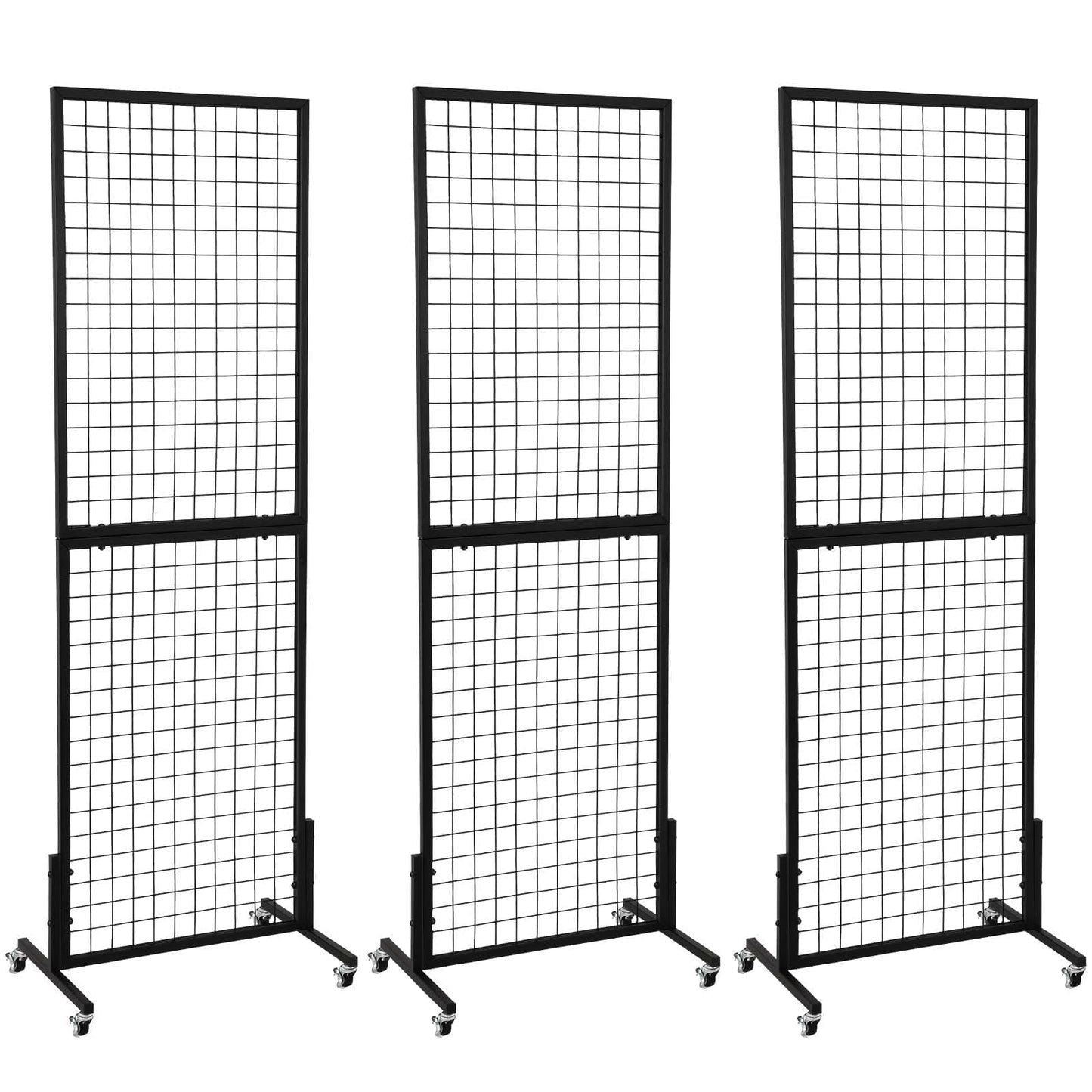 OUDUCK 3 Packs 1.8' x 5.7' Grid Wall Panels Standing Wire Grid, Display Rack with T-Base Wheels Freestanding Gridwall Panel Tower for Shows, Black