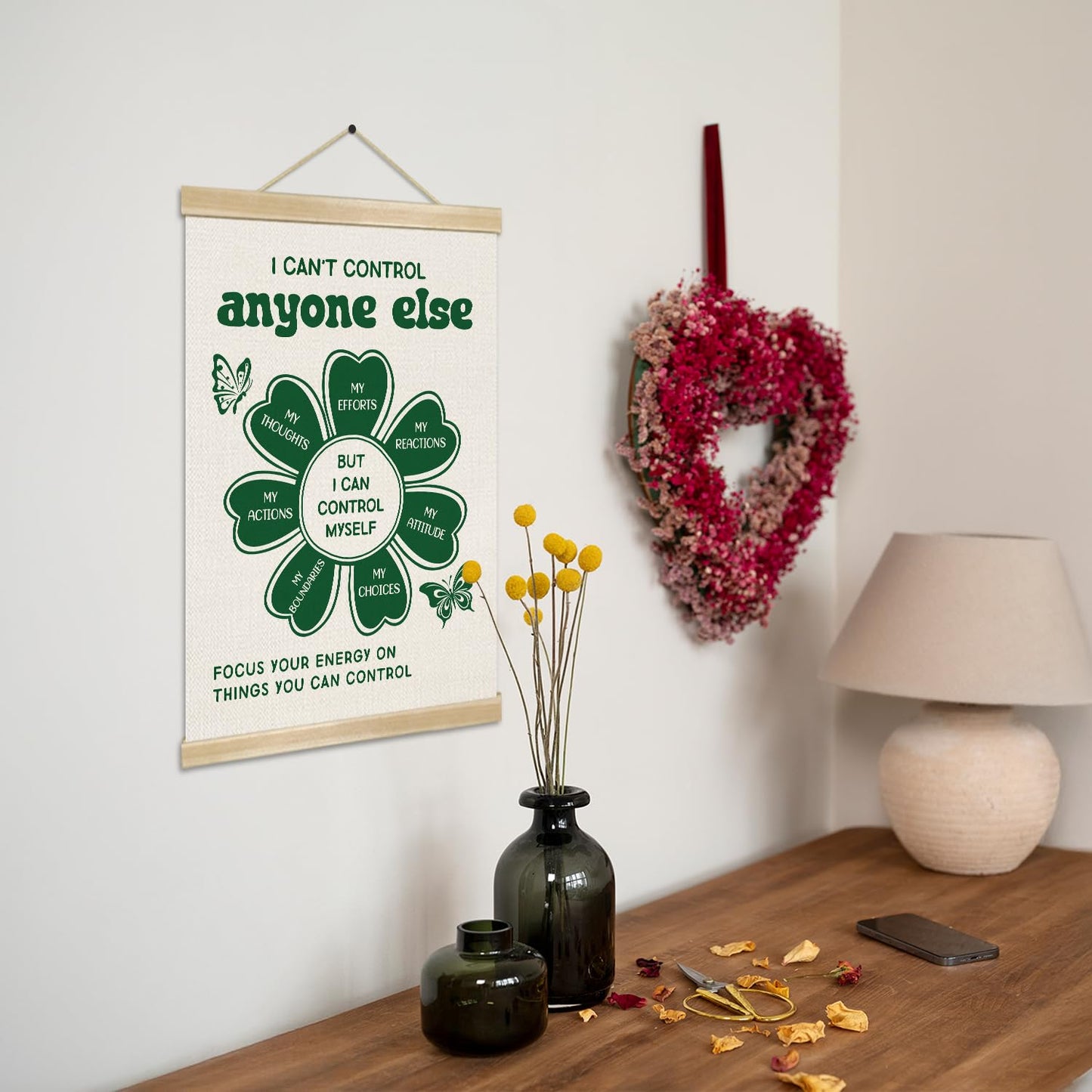 Focus On What You Can Control Wall Art,14x18.5 Inch Mental Health Inspirational Poster, Motivational Therapy Office Decor, Positive Affirmation Canvas Hanging for Home or Classroom (Green-I Can‘t)