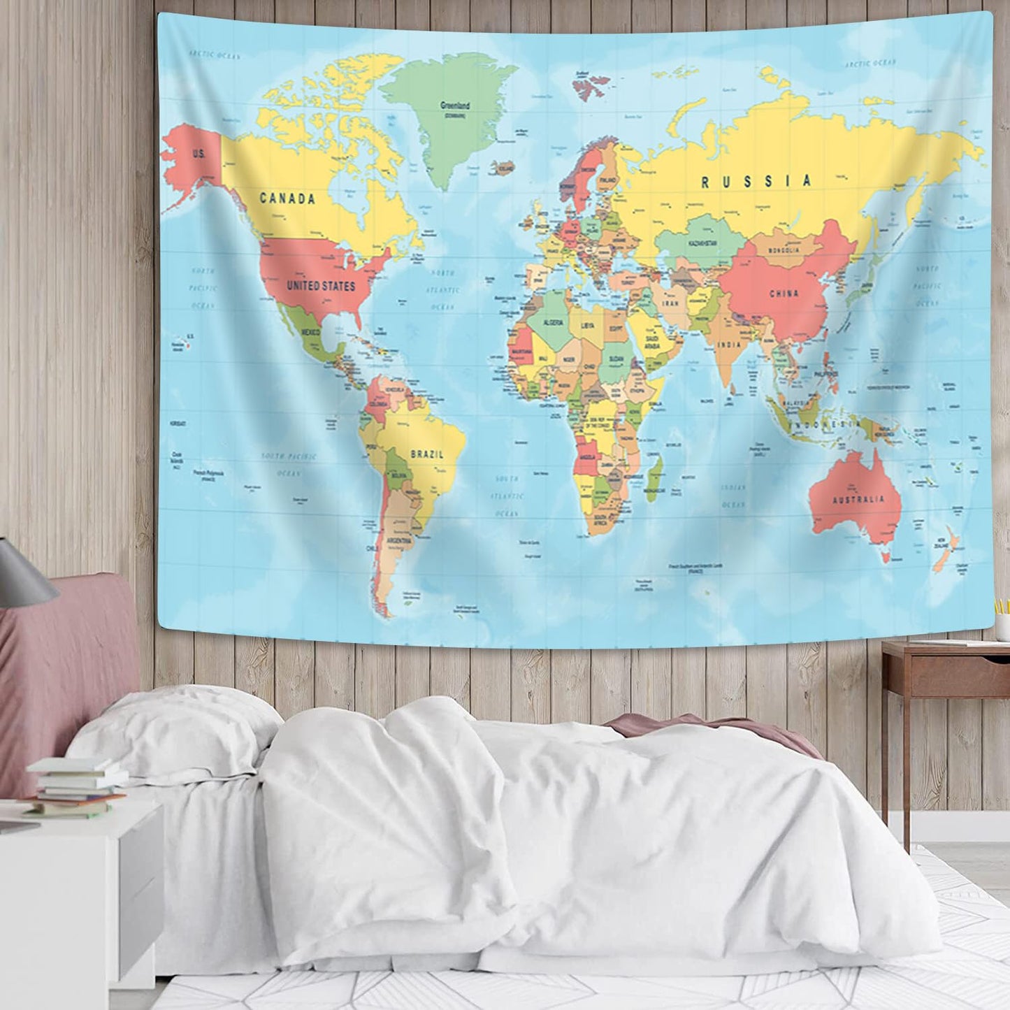 VeiVian World Map Tapestry, Asia Europe South City Topography America Africa Japan Poster Tapestries, Educational Kids Student Map of World Tapestry for Bedroom Living Room Home Office, 80X60in